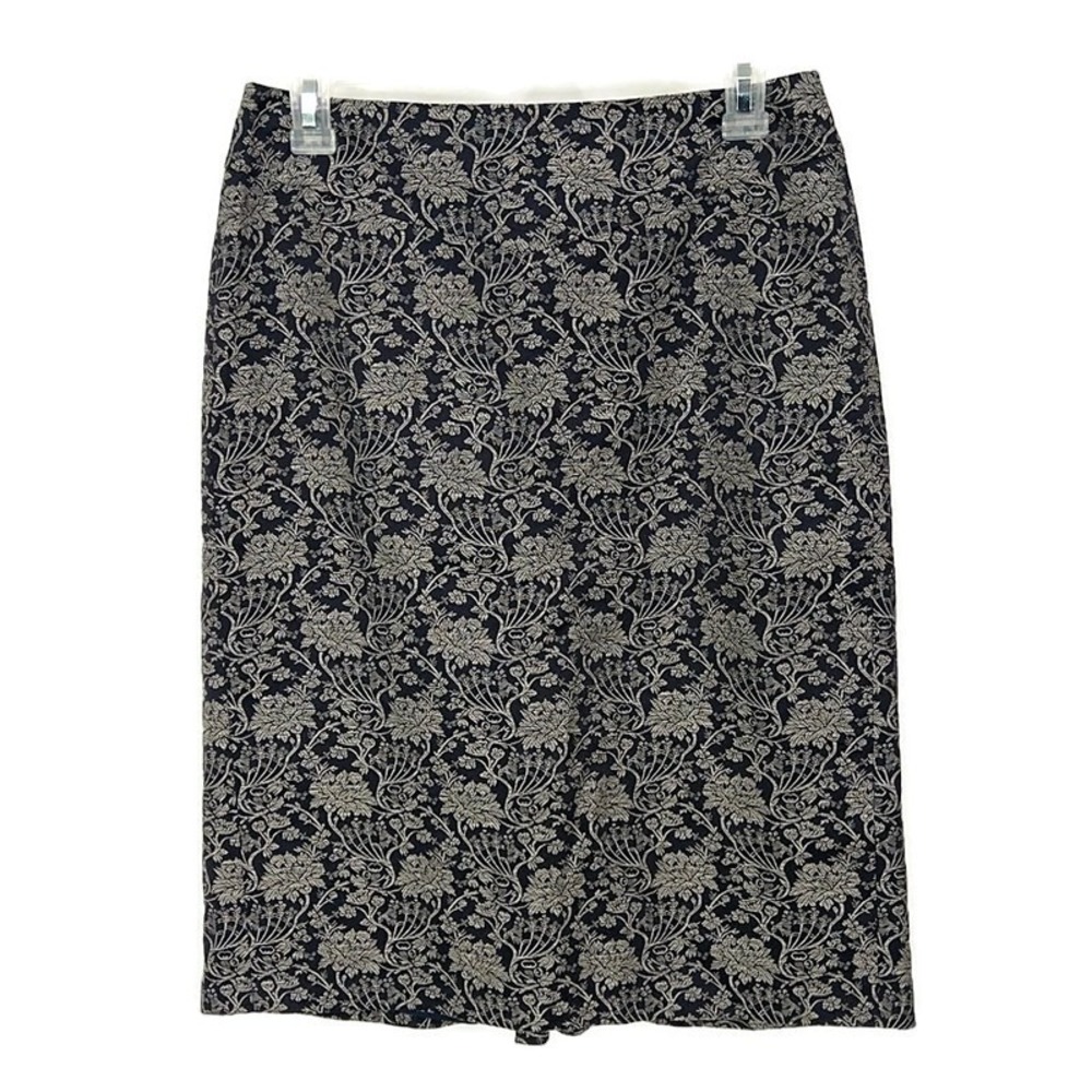 Ann Taylor Pencil Skirt Womens 4 Navy Beige Floral Tapestry Cotton Lined Knee